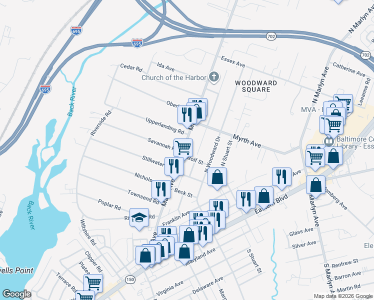 map of restaurants, bars, coffee shops, grocery stores, and more near 605 Mace Avenue in Essex