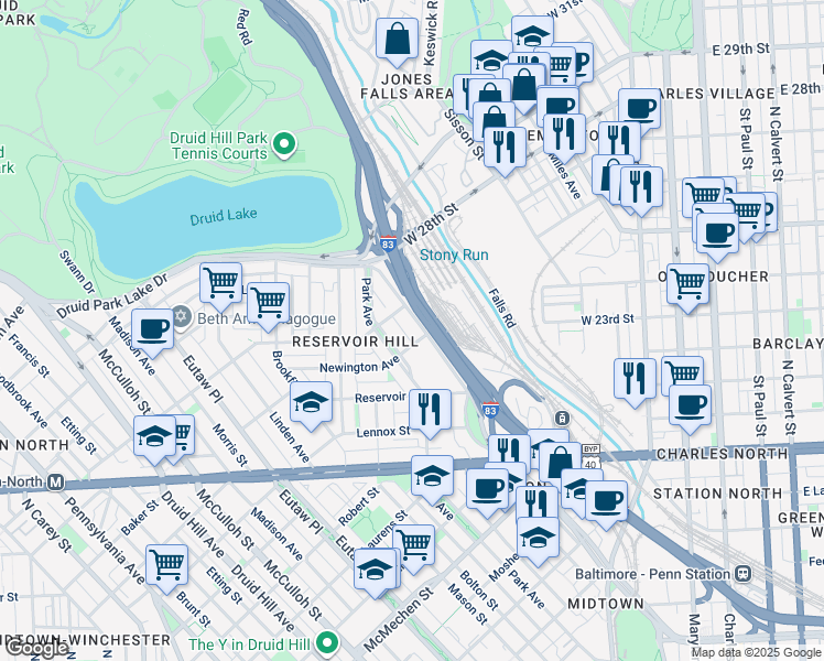 map of restaurants, bars, coffee shops, grocery stores, and more near 2208 Mount Royal Terrace in Baltimore