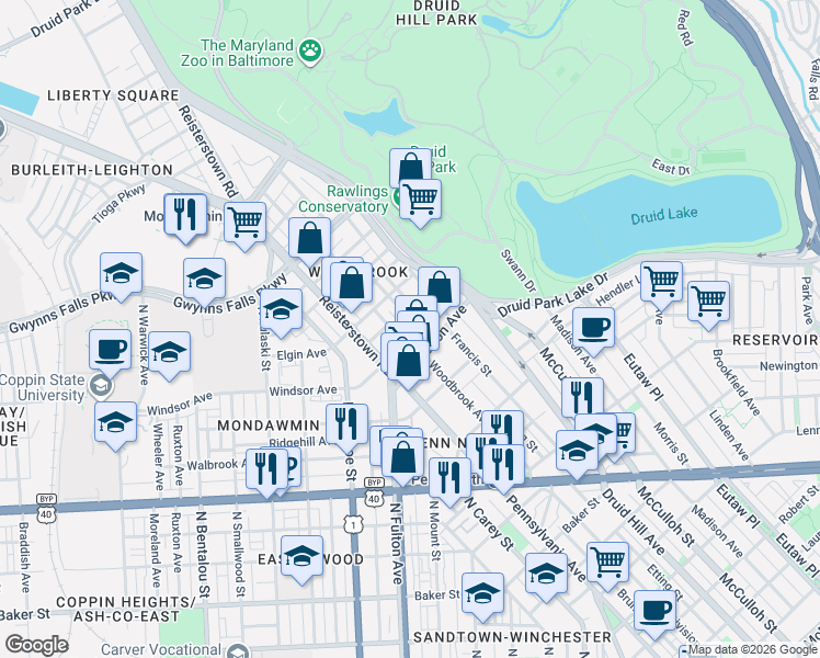 map of restaurants, bars, coffee shops, grocery stores, and more near 2734 Parkwood Avenue in Baltimore