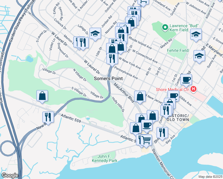 map of restaurants, bars, coffee shops, grocery stores, and more near 1 Holly Hills Drive in Somers Point