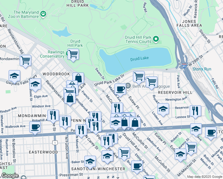 map of restaurants, bars, coffee shops, grocery stores, and more near 2599 Madison Avenue in Baltimore