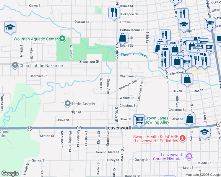 map of restaurants, bars, coffee shops, grocery stores, and more near 401 Grand Avenue in Leavenworth