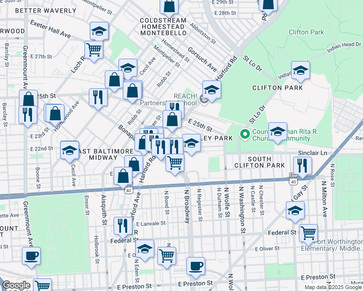 map of restaurants, bars, coffee shops, grocery stores, and more near 1618 Darley Avenue in Baltimore