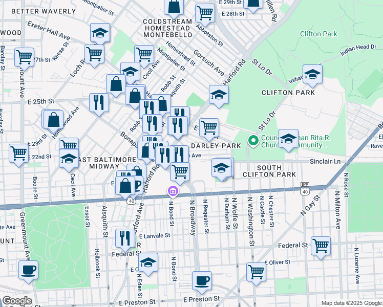 map of restaurants, bars, coffee shops, grocery stores, and more near 1602 Darley Avenue in Baltimore