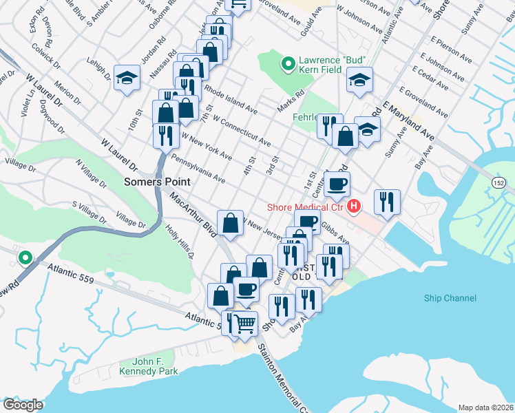 map of restaurants, bars, coffee shops, grocery stores, and more near 747 3rd Street in Somers Point