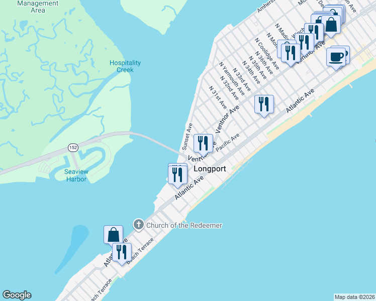 map of restaurants, bars, coffee shops, grocery stores, and more near 24 North 28th Avenue in Longport