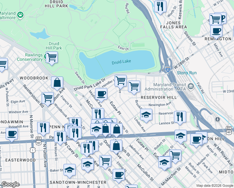 map of restaurants, bars, coffee shops, grocery stores, and more near 901 Chauncey Avenue in Baltimore