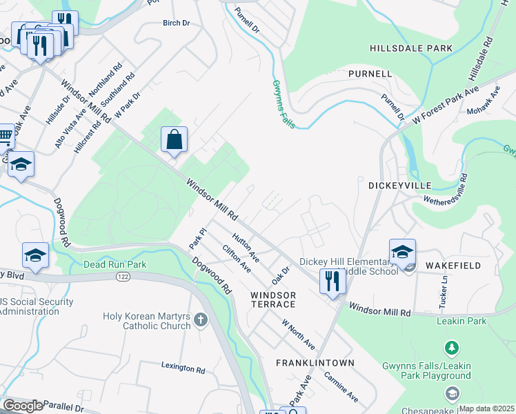 map of restaurants, bars, coffee shops, grocery stores, and more near 2108 Thistlebloom Avenue in Baltimore