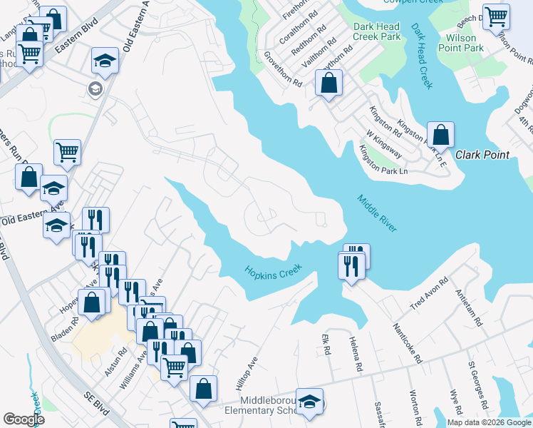 map of restaurants, bars, coffee shops, grocery stores, and more near 532 Hopkins Landing Drive in Essex