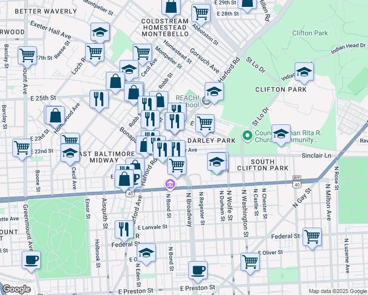 map of restaurants, bars, coffee shops, grocery stores, and more near 1618 Darley Avenue in Baltimore