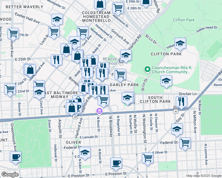 map of restaurants, bars, coffee shops, grocery stores, and more near 1638 Darley Avenue in Baltimore