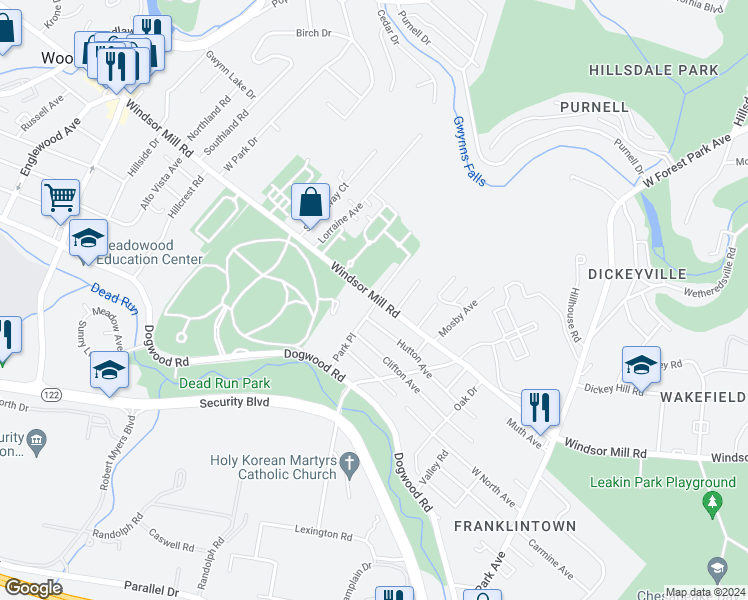 map of restaurants, bars, coffee shops, grocery stores, and more near 5603 Windsor Mill Road in Woodlawn