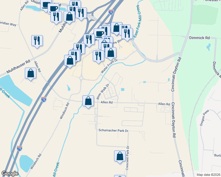 map of restaurants, bars, coffee shops, grocery stores, and more near 9535 River Walk Drive in Butler County