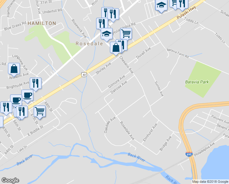 map of restaurants, bars, coffee shops, grocery stores, and more near 7915 Dalrose Avenue in Rosedale