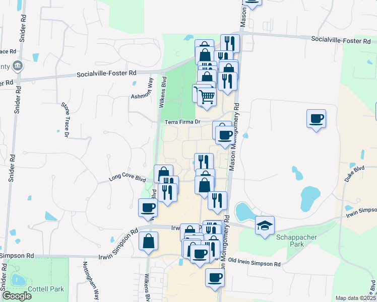 map of restaurants, bars, coffee shops, grocery stores, and more near 8560 Sugar Maple Drive in Mason
