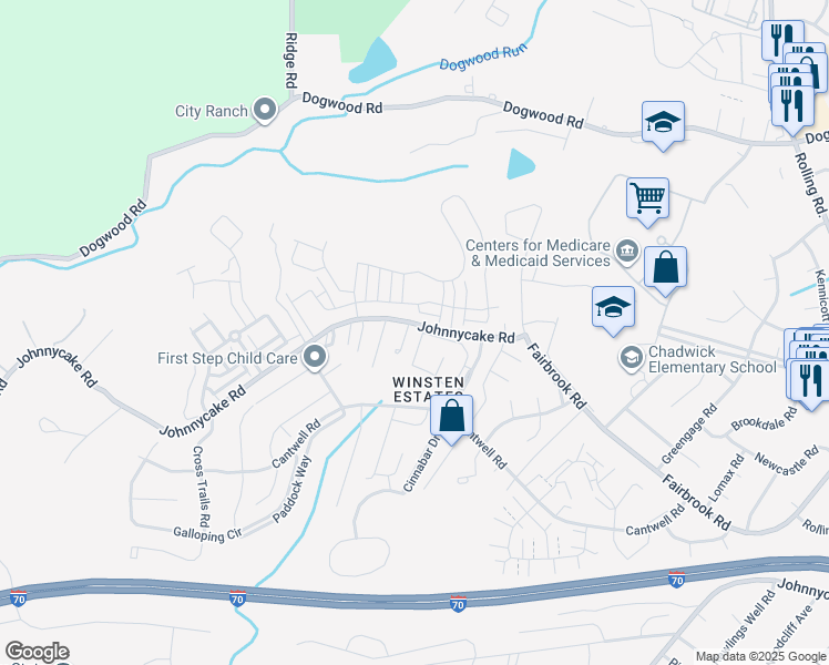 map of restaurants, bars, coffee shops, grocery stores, and more near 7680 Gladstone Road in Woodlawn