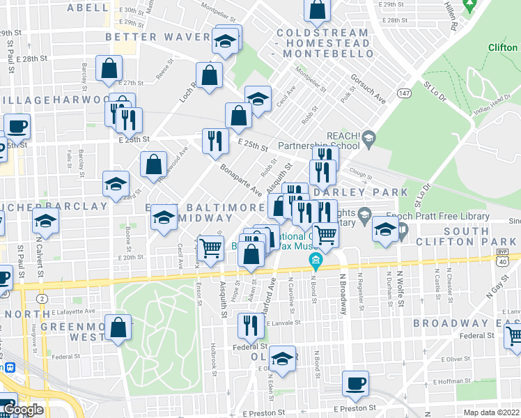 map of restaurants, bars, coffee shops, grocery stores, and more near 2229 North Aisquith Street in Baltimore