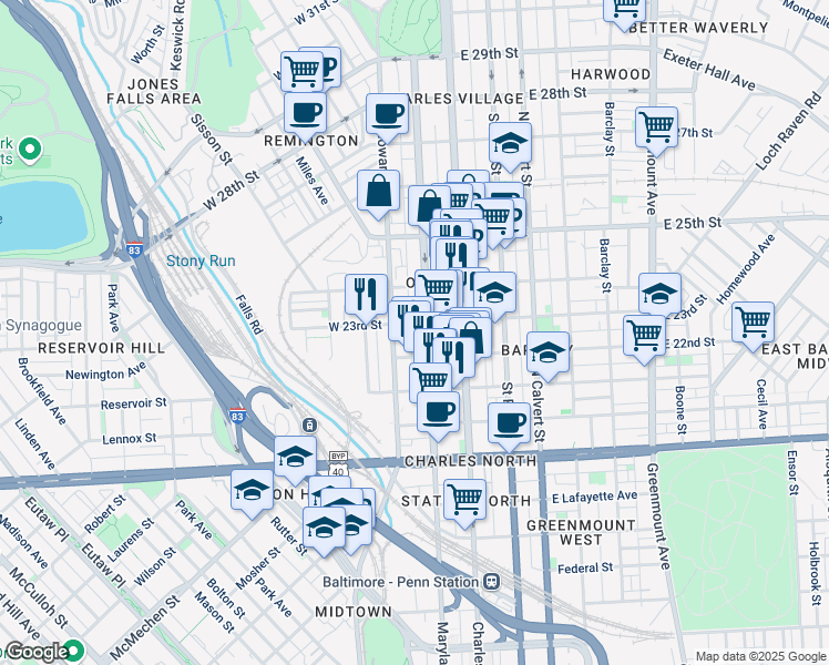 map of restaurants, bars, coffee shops, grocery stores, and more near 2226 Maryland Avenue in Baltimore