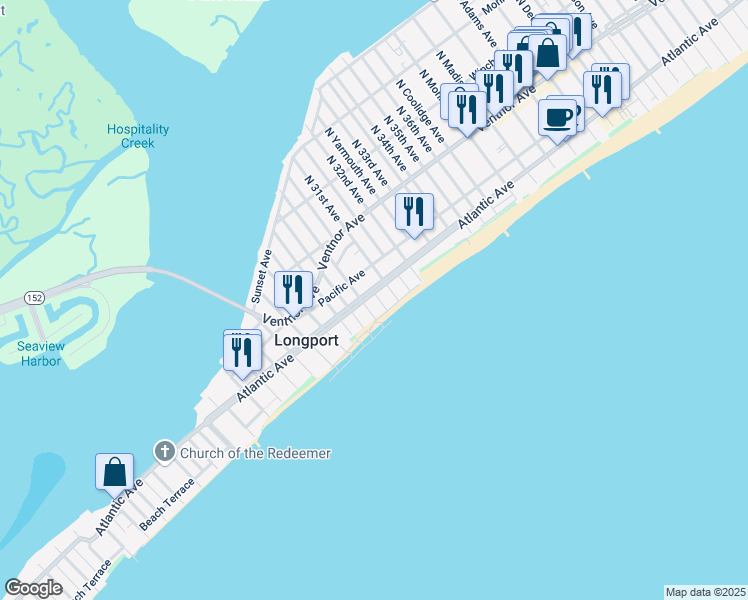 map of restaurants, bars, coffee shops, grocery stores, and more near 100 South Evergreen Avenue in Longport