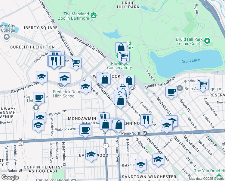 map of restaurants, bars, coffee shops, grocery stores, and more near 2876 Woodbrook Avenue in Baltimore