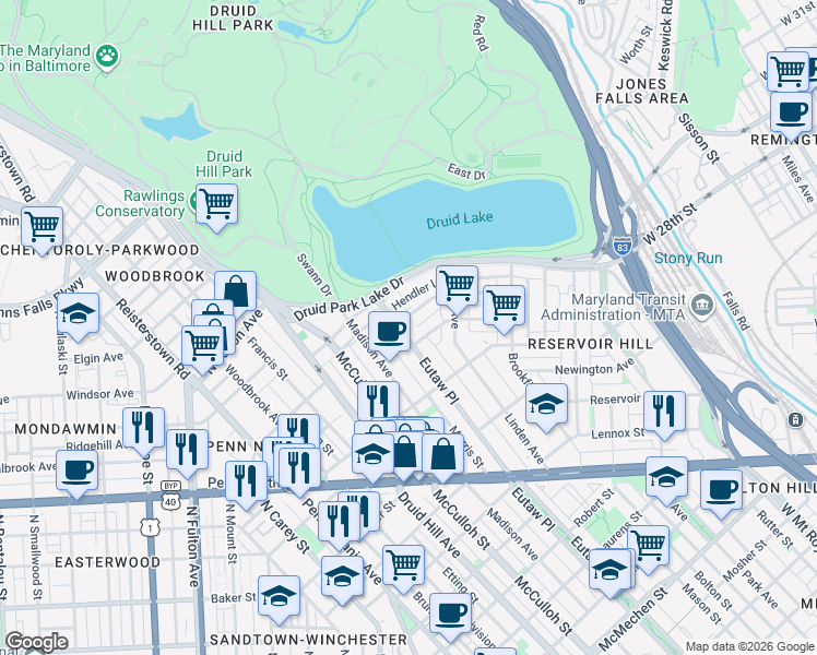 map of restaurants, bars, coffee shops, grocery stores, and more near 2511 Eutaw Place in Baltimore