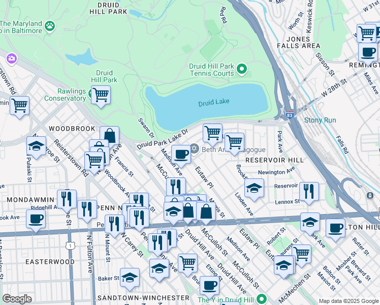 map of restaurants, bars, coffee shops, grocery stores, and more near 2511 Eutaw Place in Baltimore