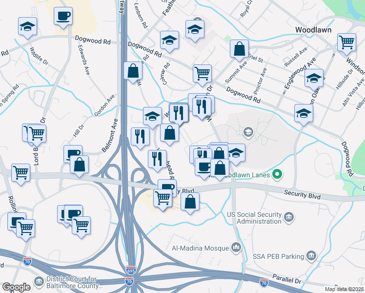 map of restaurants, bars, coffee shops, grocery stores, and more near 1724 Woodlawn Drive in Woodlawn