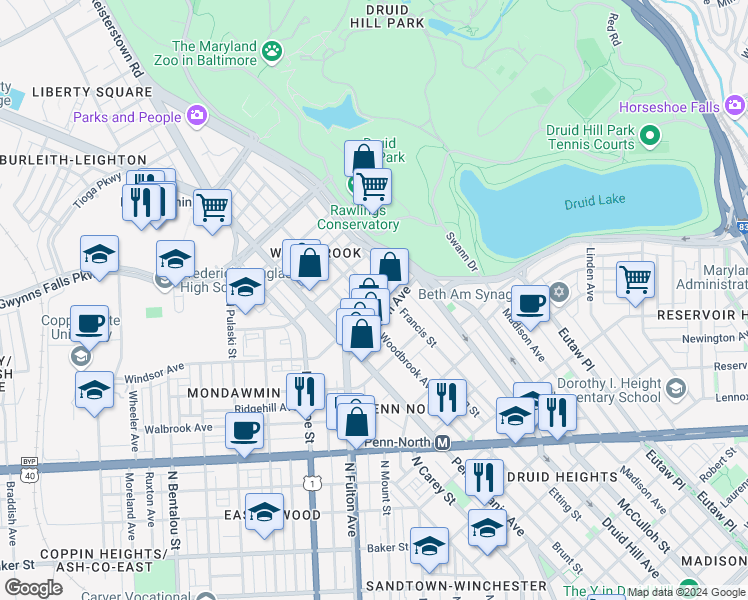 map of restaurants, bars, coffee shops, grocery stores, and more near 2727 Parkwood Avenue in Baltimore