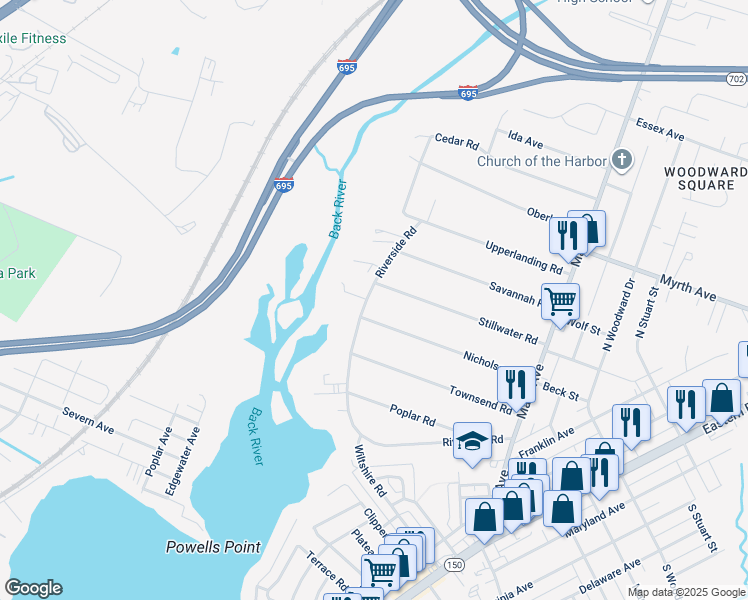 map of restaurants, bars, coffee shops, grocery stores, and more near 409 Riverside Road in Essex