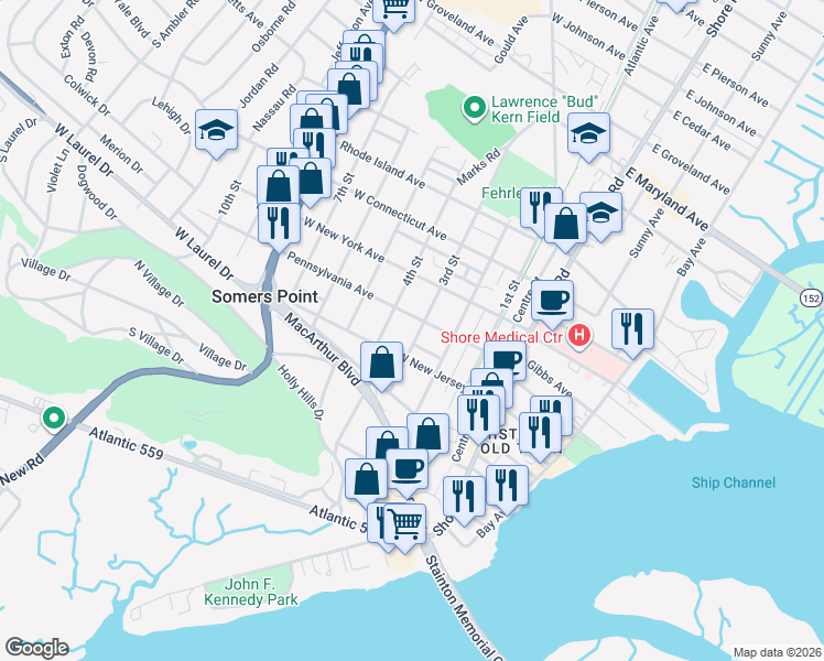 map of restaurants, bars, coffee shops, grocery stores, and more near 747 3rd Street in Somers Point