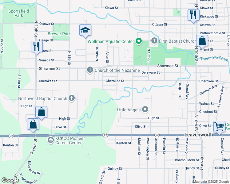 map of restaurants, bars, coffee shops, grocery stores, and more near 1501 Choctaw Street in Leavenworth