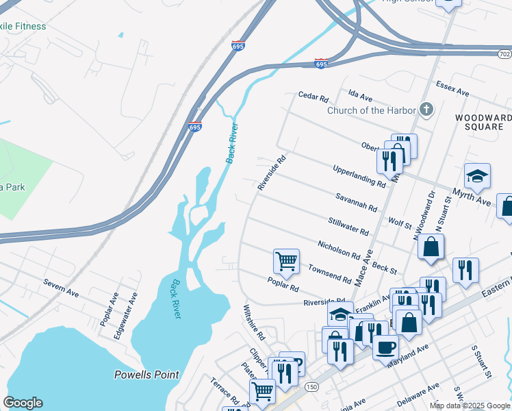 map of restaurants, bars, coffee shops, grocery stores, and more near 409 Riverside Road in Essex