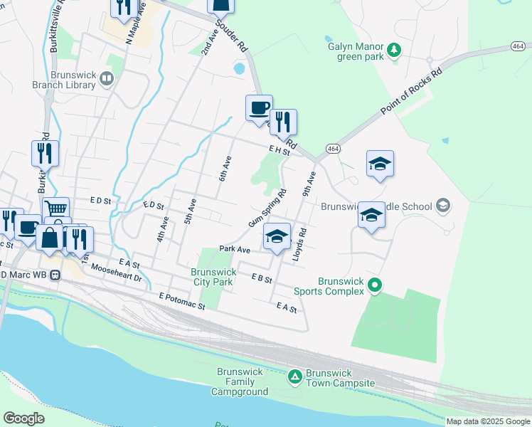 map of restaurants, bars, coffee shops, grocery stores, and more near 802 East E Street in Brunswick