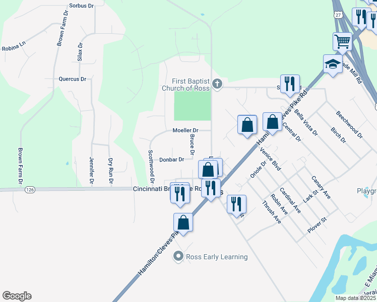 map of restaurants, bars, coffee shops, grocery stores, and more near 4169 Bruce Drive in Fairfield