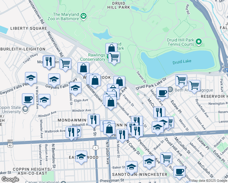 map of restaurants, bars, coffee shops, grocery stores, and more near 2729 Parkwood Avenue in Baltimore
