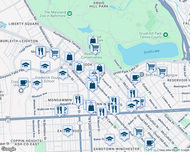 map of restaurants, bars, coffee shops, grocery stores, and more near 2731 Parkwood Avenue in Baltimore