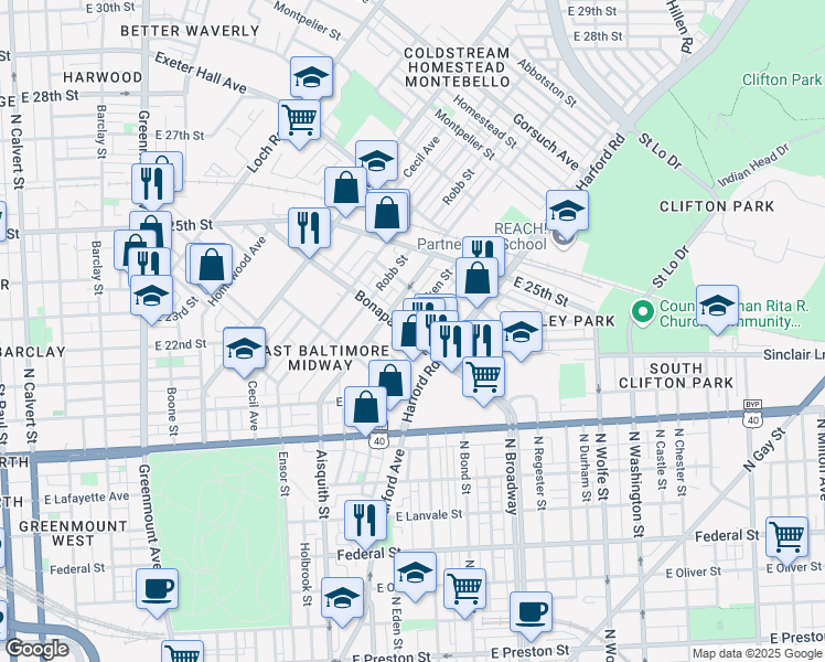 map of restaurants, bars, coffee shops, grocery stores, and more near 1228 Bonaparte Avenue in Baltimore