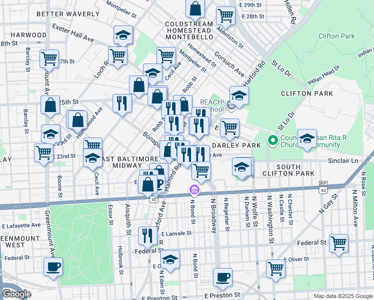 map of restaurants, bars, coffee shops, grocery stores, and more near 2140 Harford Road in Baltimore