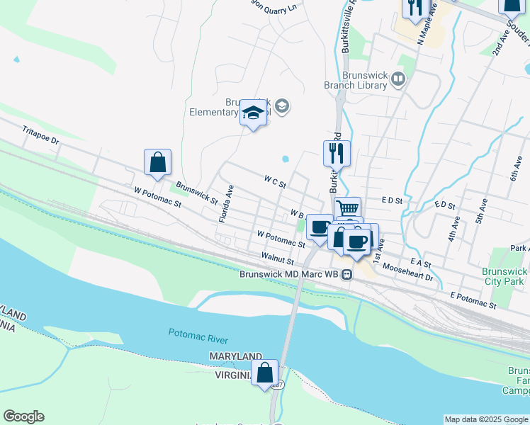 map of restaurants, bars, coffee shops, grocery stores, and more near 413 Brunswick Street in Brunswick