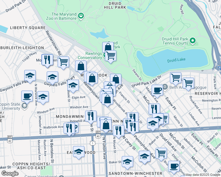 map of restaurants, bars, coffee shops, grocery stores, and more near 2731 Parkwood Avenue in Baltimore