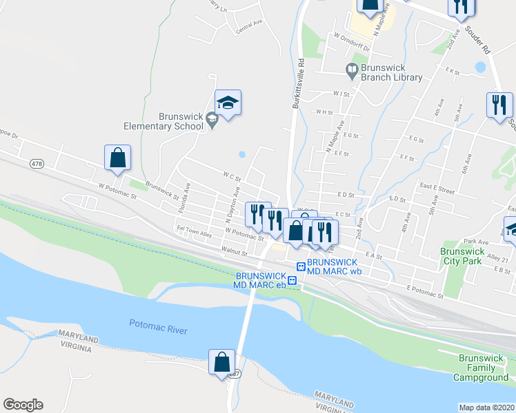 map of restaurants, bars, coffee shops, grocery stores, and more near 204 North Delaware Avenue in Brunswick
