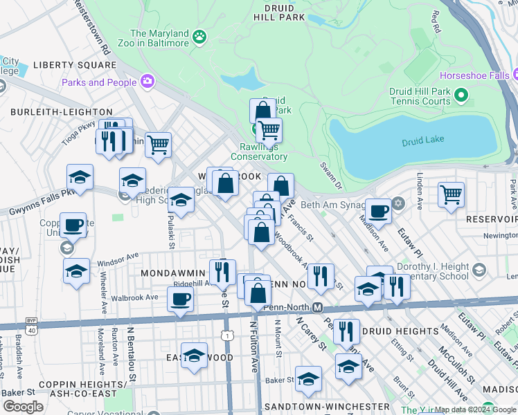 map of restaurants, bars, coffee shops, grocery stores, and more near 2804 Parkwood Avenue in Baltimore