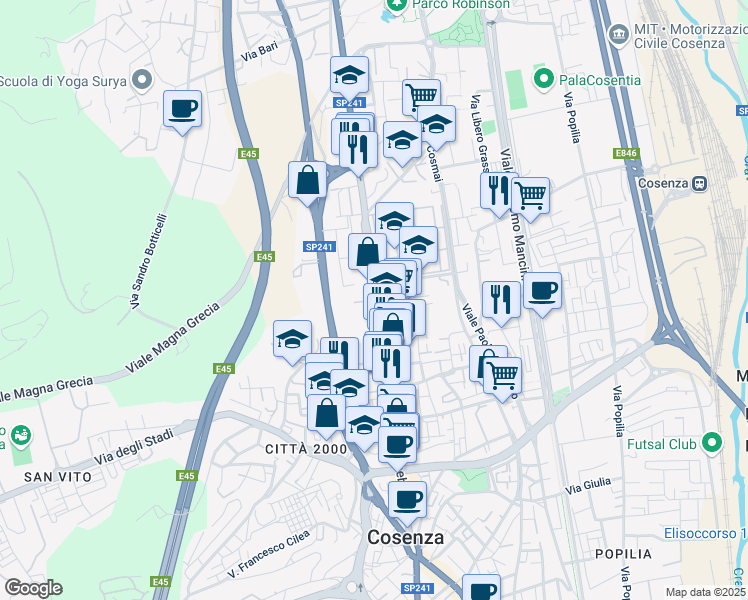 map of restaurants, bars, coffee shops, grocery stores, and more near Via Panebianco in Cosenza