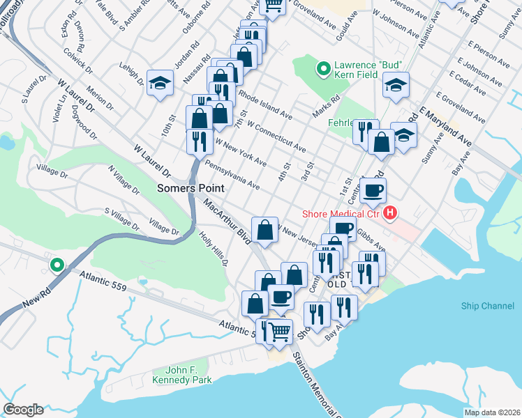 map of restaurants, bars, coffee shops, grocery stores, and more near 755 4th St in Somers Point