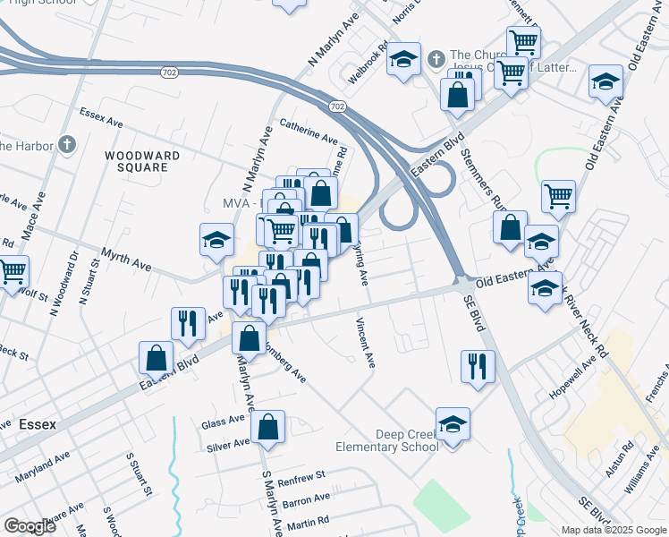 map of restaurants, bars, coffee shops, grocery stores, and more near 1221 Eastern Boulevard in Essex