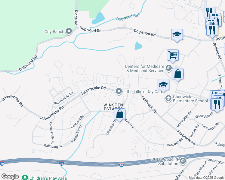 map of restaurants, bars, coffee shops, grocery stores, and more near 7628 Johnnycake Rd in Woodlawn