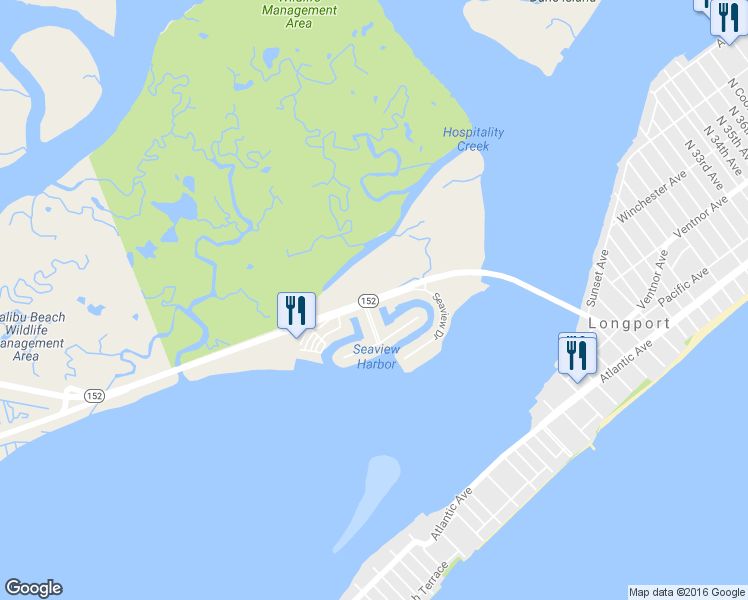 map of restaurants, bars, coffee shops, grocery stores, and more near Seaview Drive in Longport