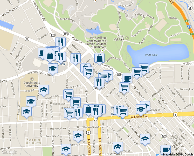 map of restaurants, bars, coffee shops, grocery stores, and more near 2869 Woodbrook Avenue in Baltimore