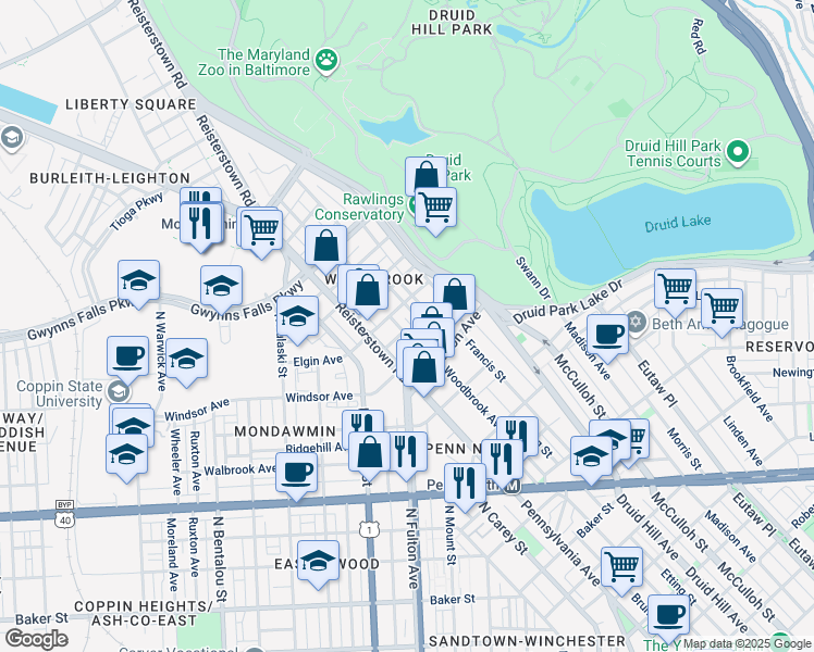 map of restaurants, bars, coffee shops, grocery stores, and more near 2869 Woodbrook Avenue in Baltimore