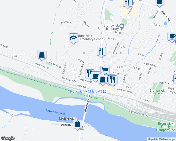 map of restaurants, bars, coffee shops, grocery stores, and more near 301 West B Street in Brunswick